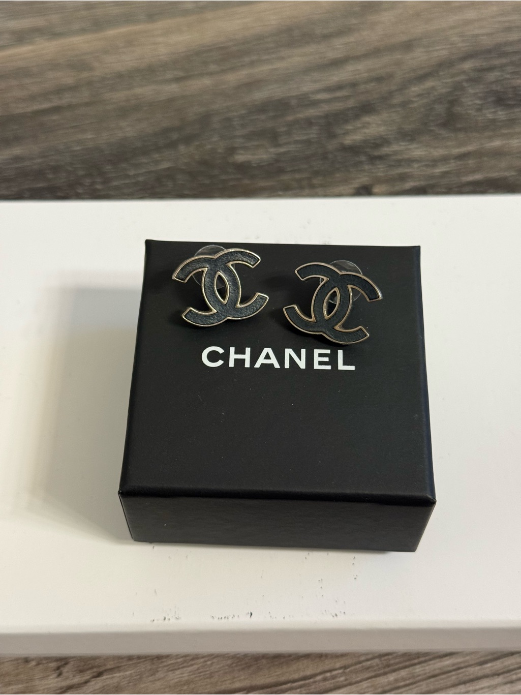 Chanel Black Leather Cc Silver Stud Earrings